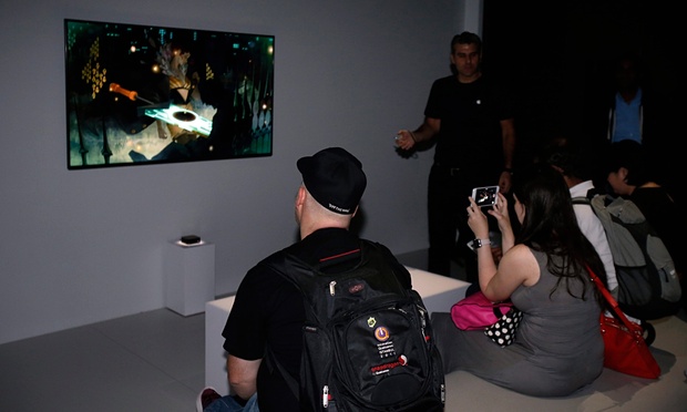 Apple debuts its new Apple TV box and remote. Photograph: Monica Davey/EPA 